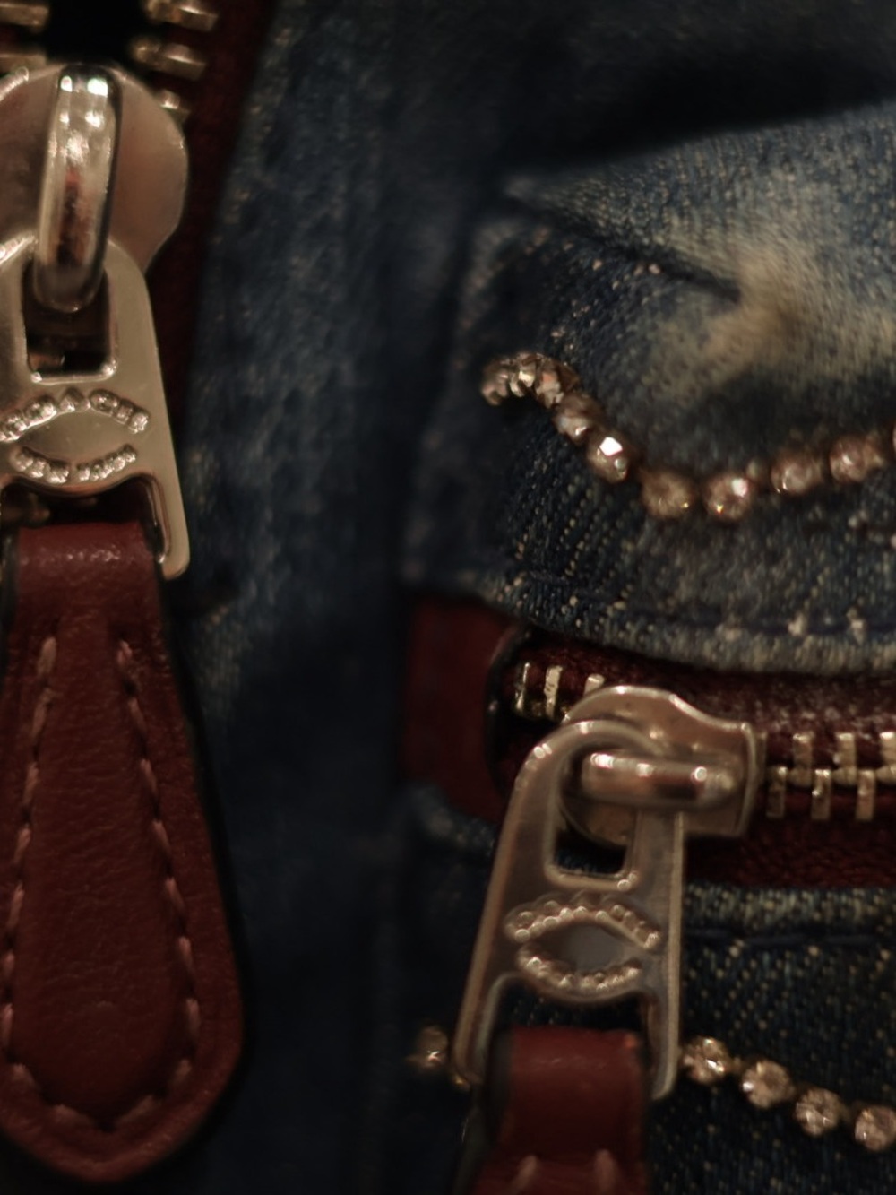 Coach Mini Charlie Denim Patchwork Star Backpack Rhinestone Trim Blue Leather - Picture 8 of 11